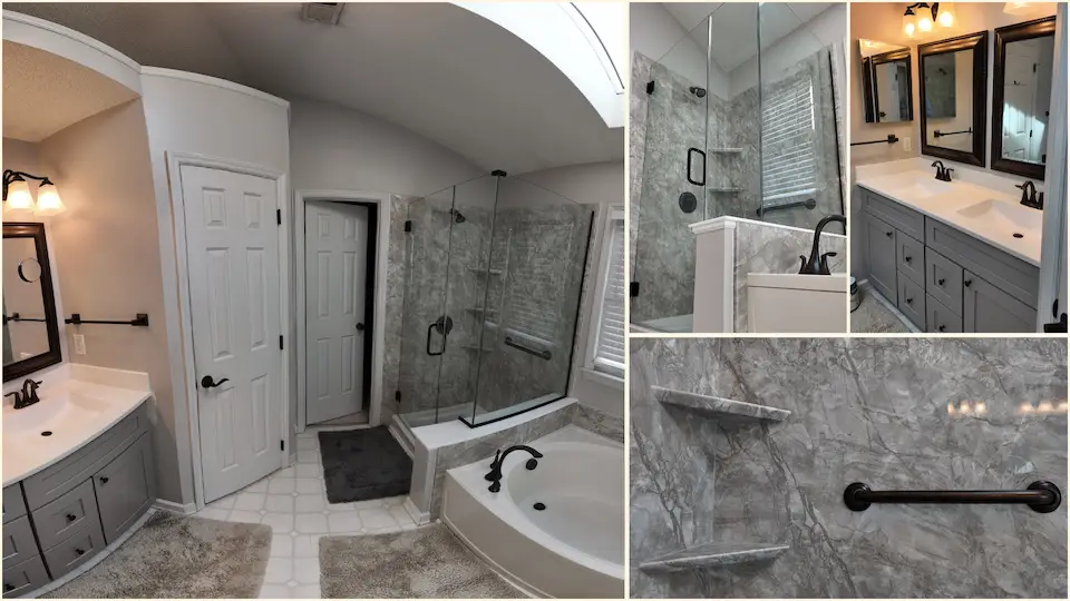 Full modern master bathroom remodel with vanity, custom glass and tub