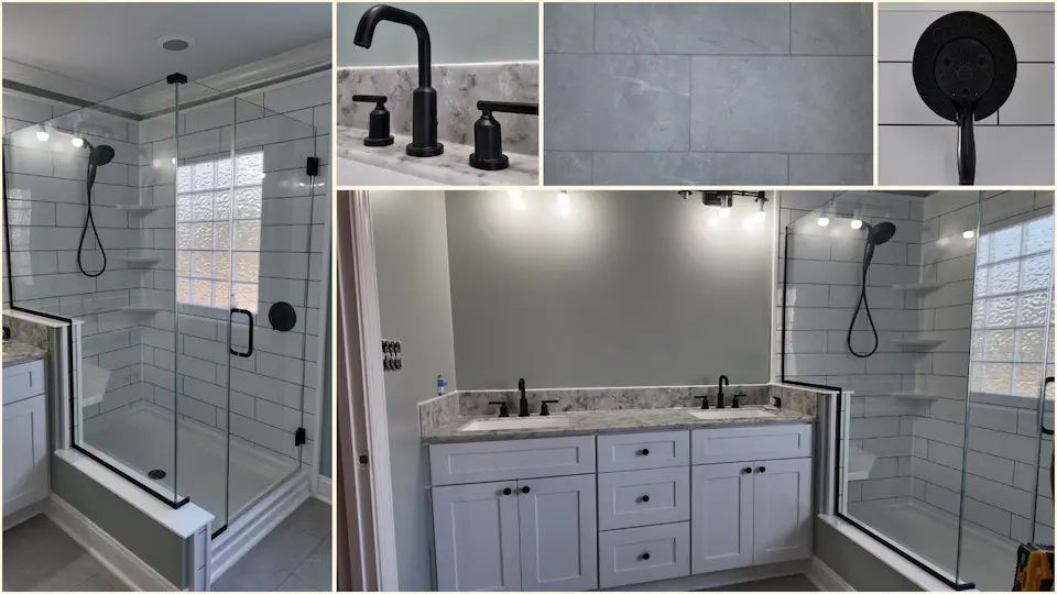 Full Master Bathroom Remodel in Fuquay Varina NC with custom glass, white vanity, matte black fixtures