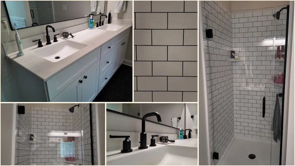 Subway tile full master bathroom remodel with vanity